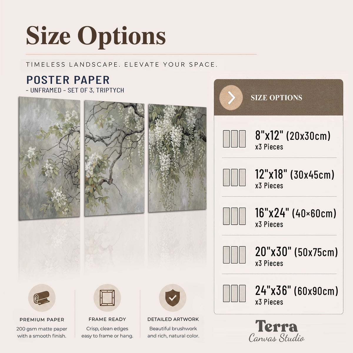 Trailing white blossoms and delicate green branches on pale gray set of 3 poster prints available dimensions; triptych dimensions are per panel