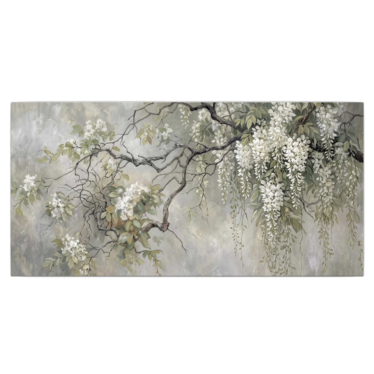 Trailing white blossoms and delicate green branches on pale gray single canvas wall art viewed straight on