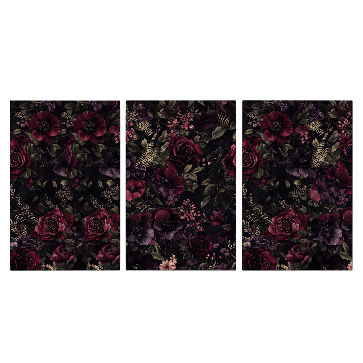 Deep burgundy roses and small pale flowers on a dark background 3 piece canvas wall art viewed straight on