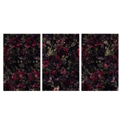Deep burgundy roses and small pale flowers on a dark background 3 piece canvas wall art viewed straight on