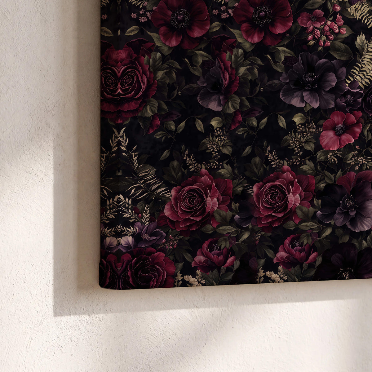 Deep burgundy roses and small pale flowers on a dark background 3 piece canvas wall art material and edge close up