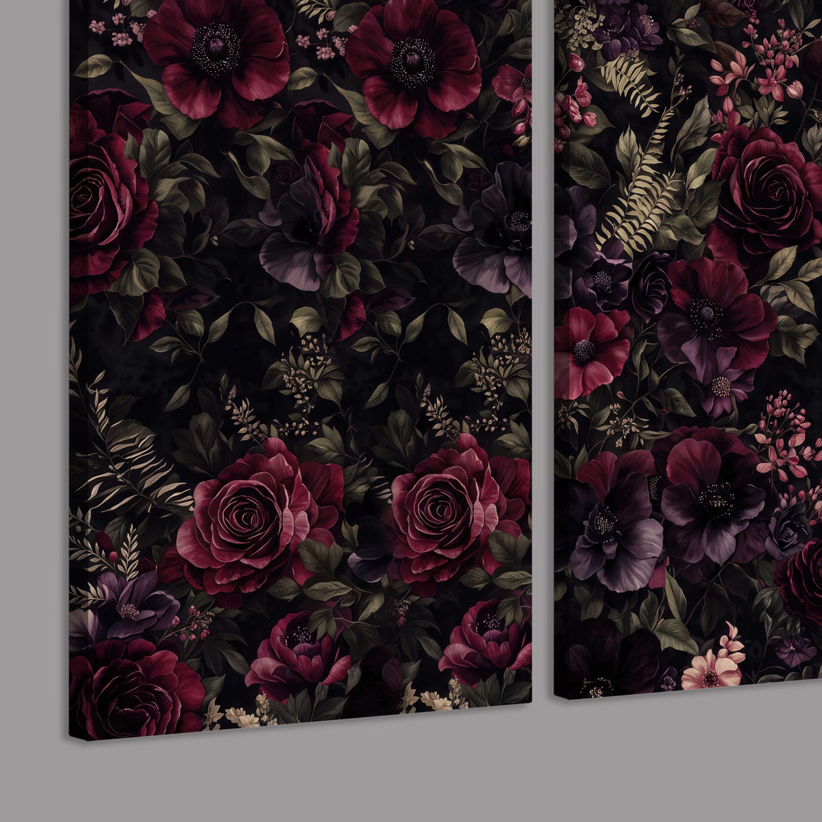 Deep burgundy roses and small pale flowers on a dark background 3 piece canvas wall art room and product view