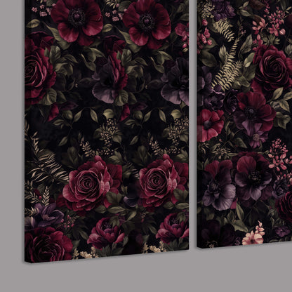 Deep burgundy roses and small pale flowers on a dark background 3 piece canvas wall art room and product view