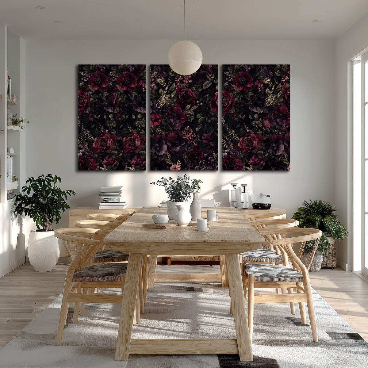 Deep burgundy roses and small pale flowers on a dark background 3 piece canvas wall art room and product view