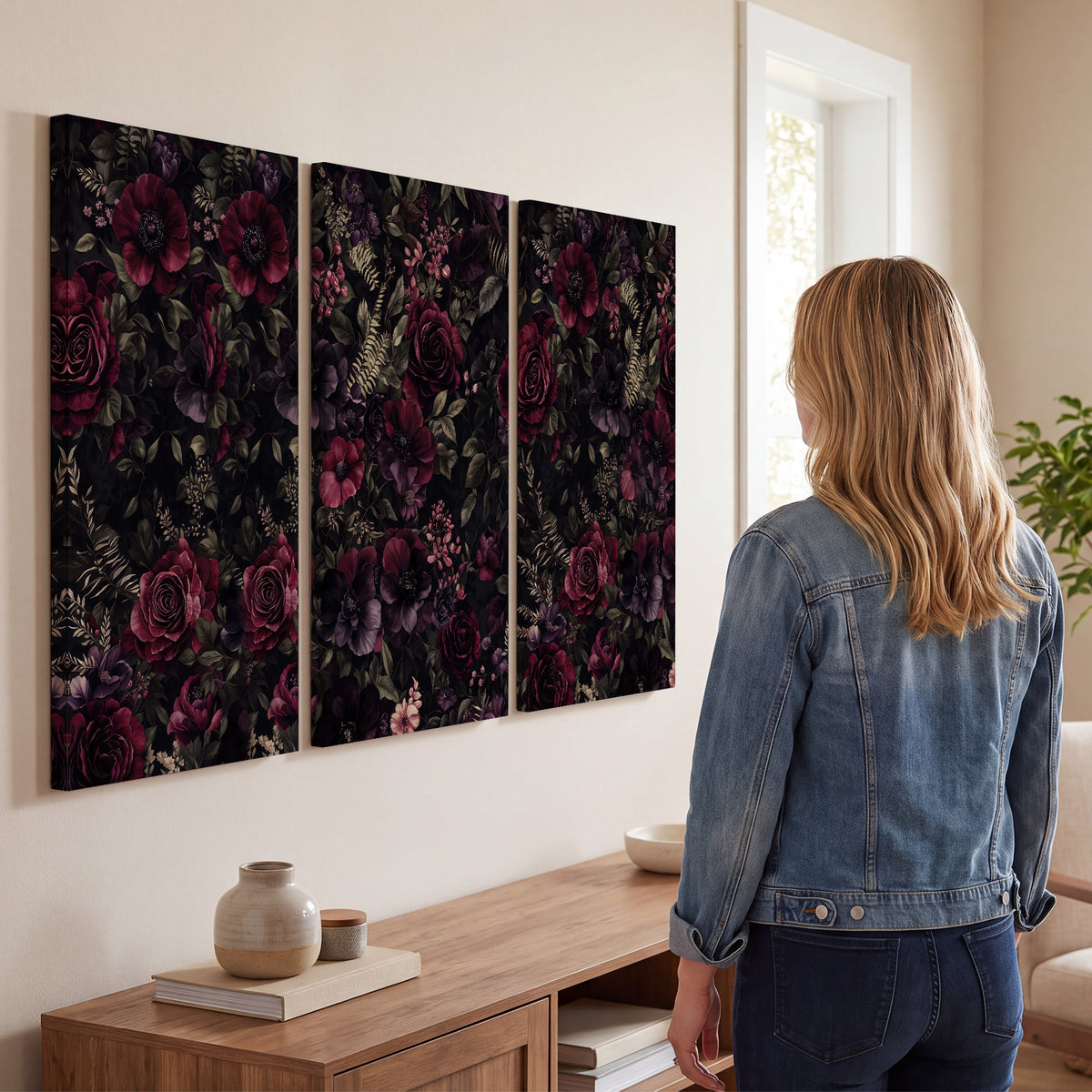 Deep burgundy roses and small pale flowers on a dark background 3 piece canvas wall art three panel arrangement on a wall