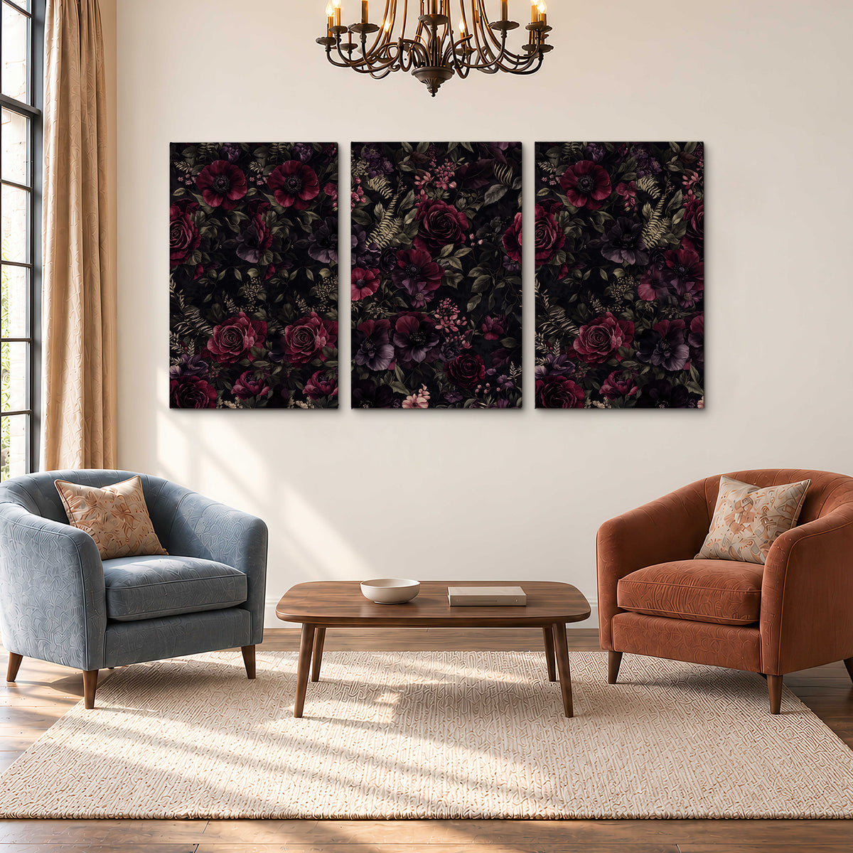 Deep burgundy roses and small pale flowers on a dark background 3 piece canvas wall art styled in an interior