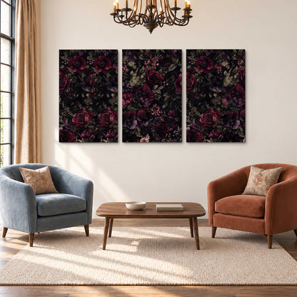 Deep burgundy roses and small pale flowers on a dark background 3 piece canvas wall art styled in an interior