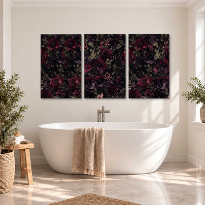 Deep burgundy roses and small pale flowers on a dark background 3 piece canvas wall art styled in an interior