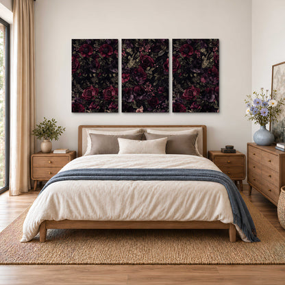 Deep burgundy roses and small pale flowers on a dark background 3 piece canvas wall art styled in an interior
