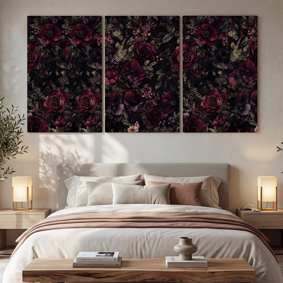 Deep burgundy roses and small pale flowers on a dark background 3 piece canvas wall art displayed in a bedroom