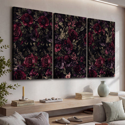 Deep burgundy roses and small pale flowers on a dark background 3 piece canvas wall art displayed in a console