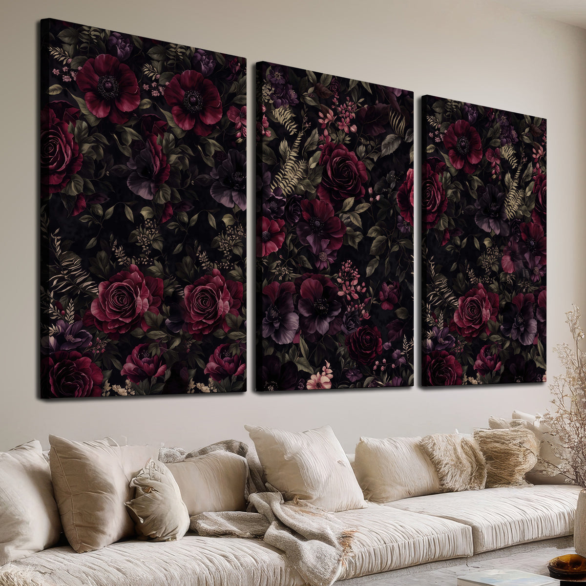 Deep burgundy roses and small pale flowers on a dark background 3 piece canvas wall art room and product view