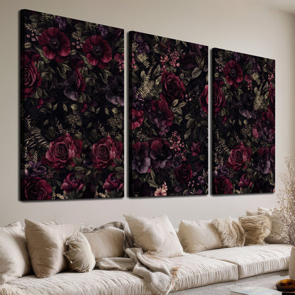 Deep burgundy roses and small pale flowers on a dark background 3 piece canvas wall art room and product view
