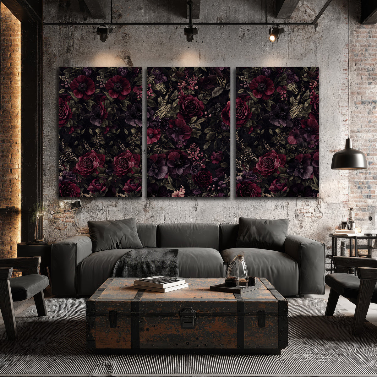 Deep burgundy roses and small pale flowers on a dark background 3 piece canvas wall art displayed in a industrial room