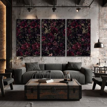 Deep burgundy roses and small pale flowers on a dark background 3 piece canvas wall art displayed in a industrial room