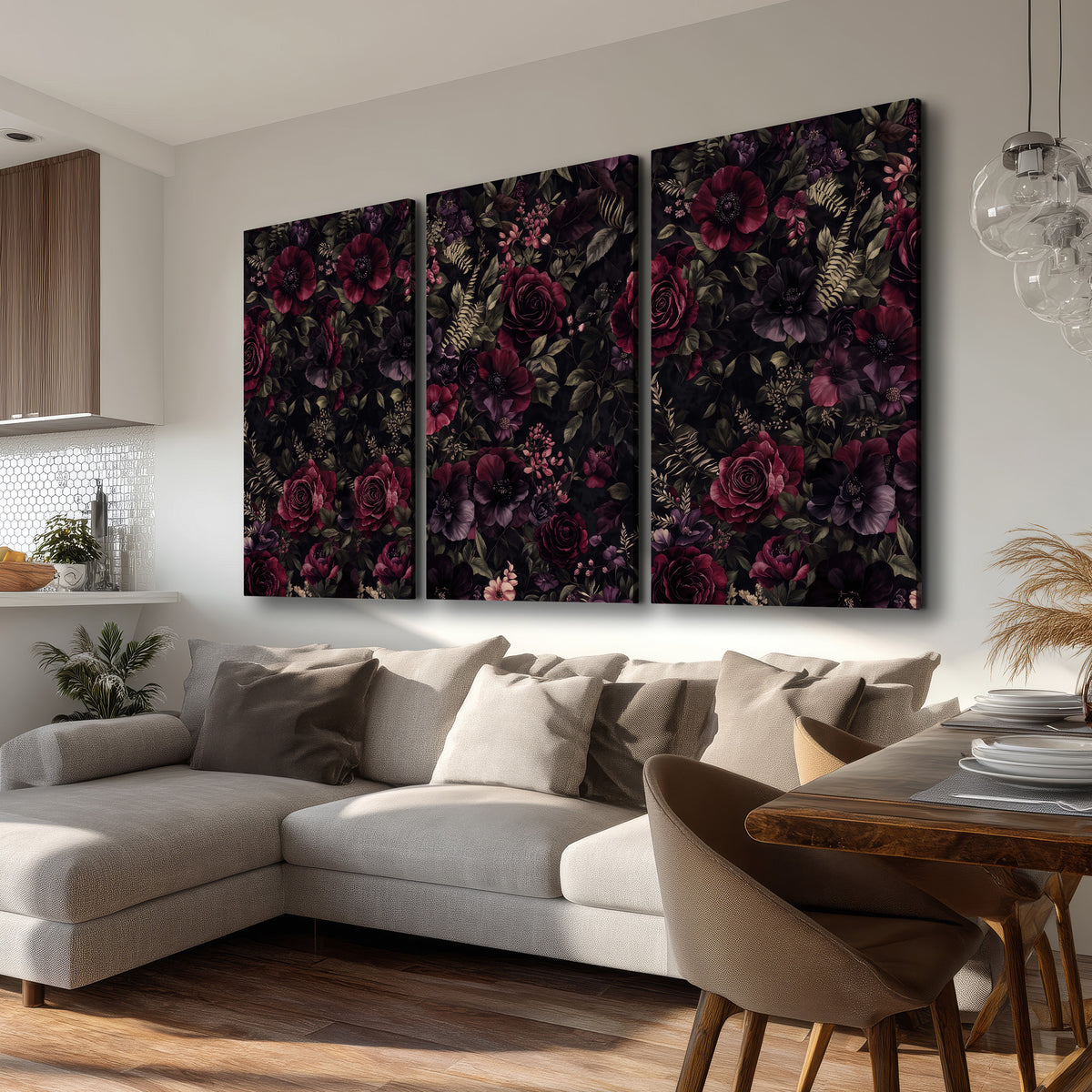 Deep burgundy roses and small pale flowers on a dark background 3 piece canvas wall art room and product view
