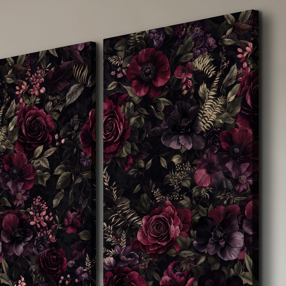 Deep burgundy roses and small pale flowers on a dark background 3 piece canvas wall art room and product view