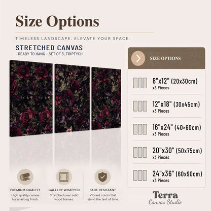 Deep burgundy roses and small pale flowers on a dark background 3 piece canvas wall art available dimensions; triptych dimensions are per panel