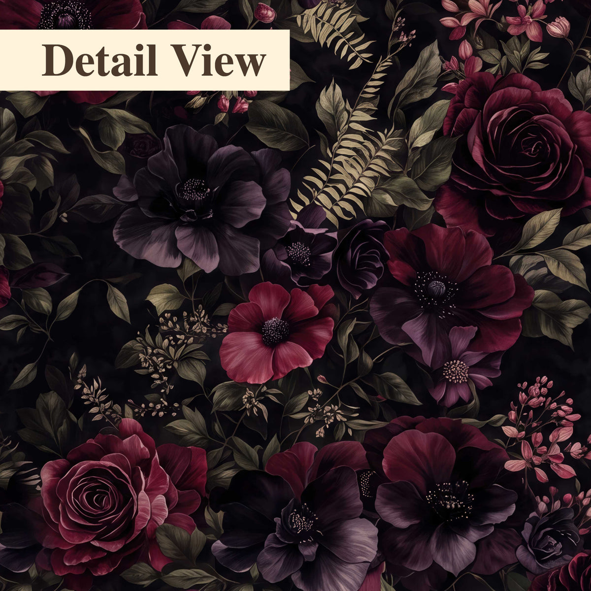 Deep burgundy roses and small pale flowers on a dark background 3 piece canvas wall art artwork detail close up