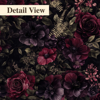Deep burgundy roses and small pale flowers on a dark background 3 piece canvas wall art artwork detail close up