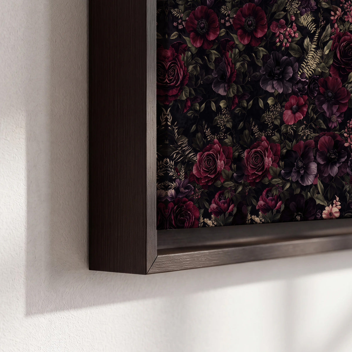 Deep burgundy roses and small pale flowers on a dark background 3 piece framed canvas wall art material and edge close up