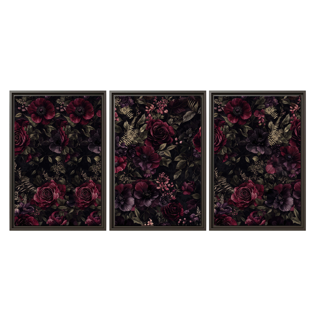 Deep burgundy roses and small pale flowers on a dark background 3 piece framed canvas wall art viewed straight on