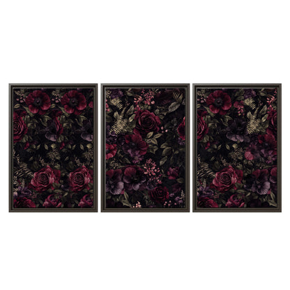 Deep burgundy roses and small pale flowers on a dark background 3 piece framed canvas wall art viewed straight on