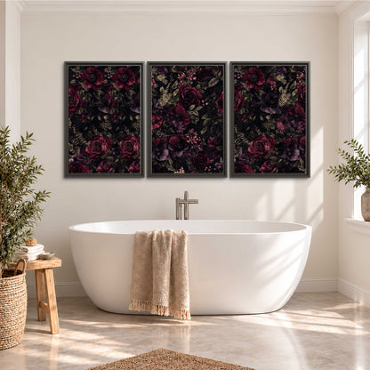 Deep burgundy roses and small pale flowers on a dark background 3 piece framed canvas wall art styled in an interior