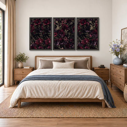 Deep burgundy roses and small pale flowers on a dark background 3 piece framed canvas wall art styled in an interior