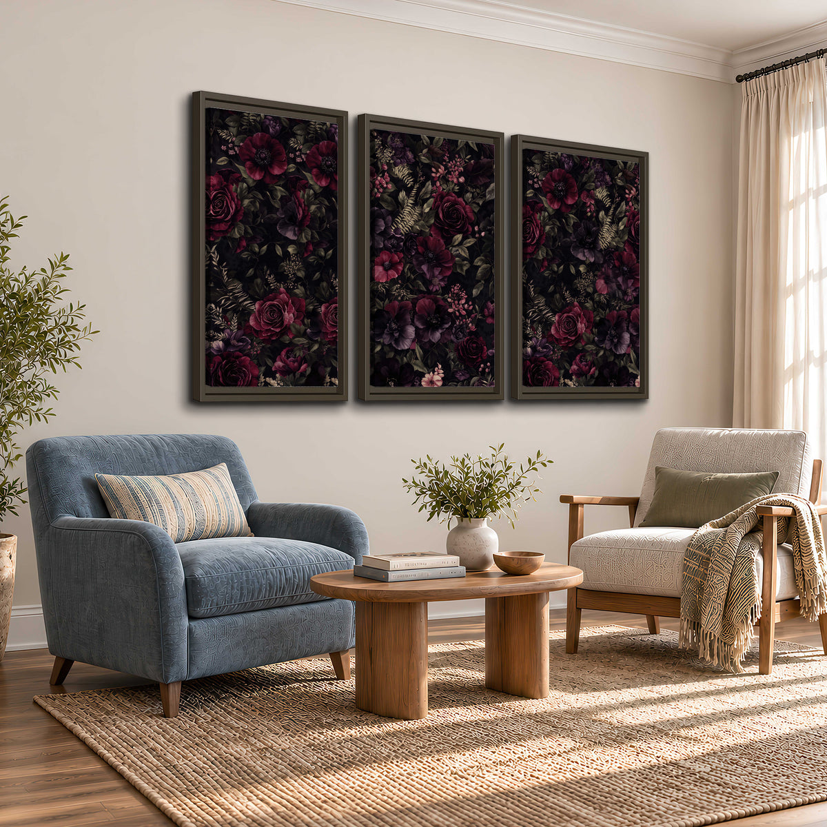 Deep burgundy roses and small pale flowers on a dark background 3 piece framed canvas wall art styled in an interior