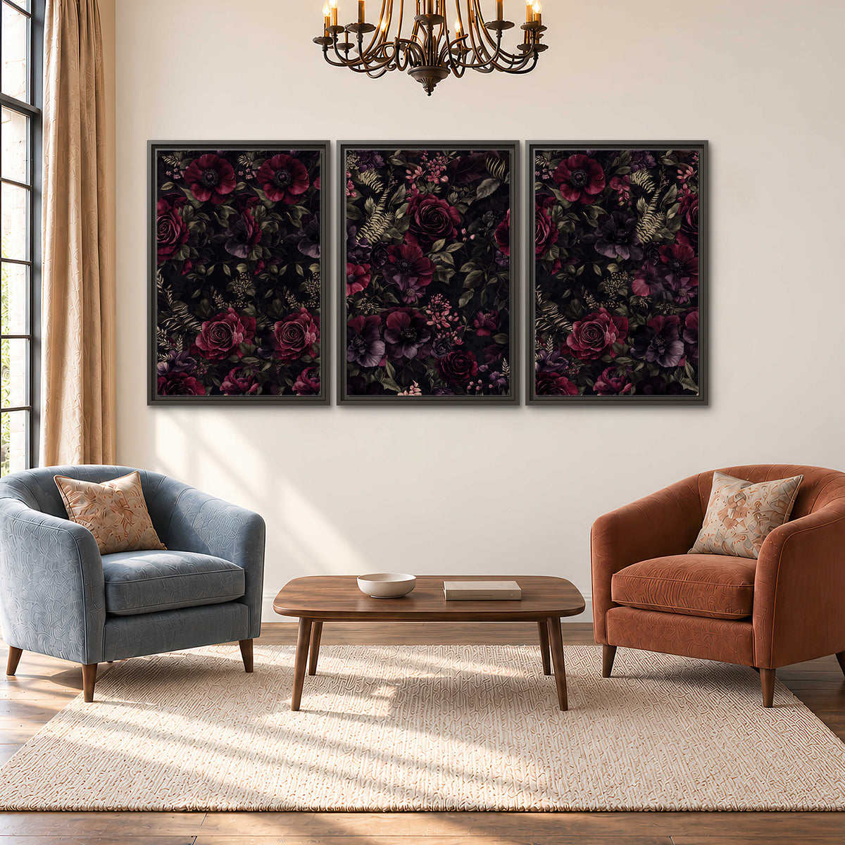 Deep burgundy roses and small pale flowers on a dark background 3 piece framed canvas wall art styled in an interior
