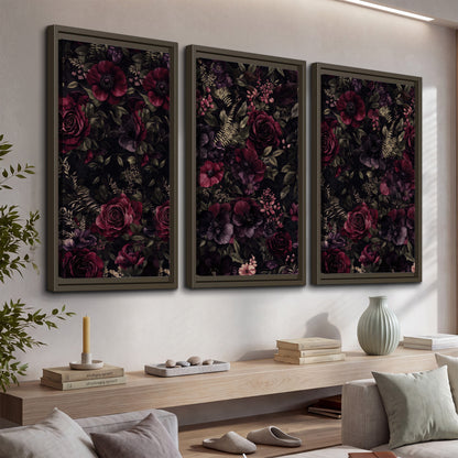 Deep burgundy roses and small pale flowers on a dark background 3 piece framed canvas wall art displayed in a console