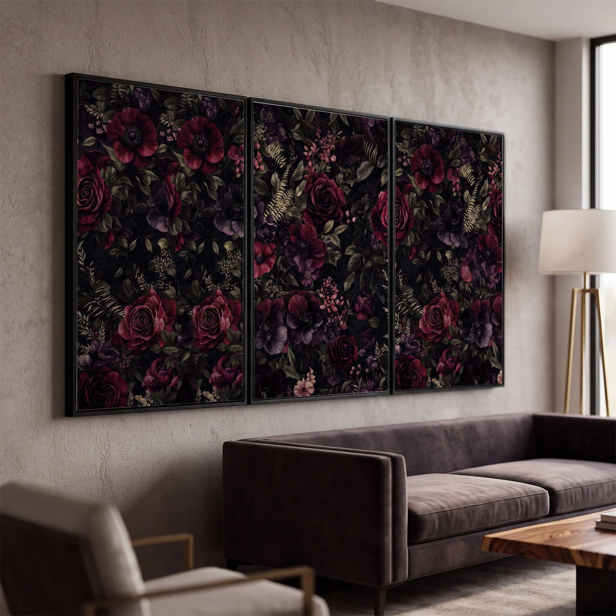 Deep burgundy roses and small pale flowers on a dark background 3 piece framed canvas wall art displayed in a modern living room