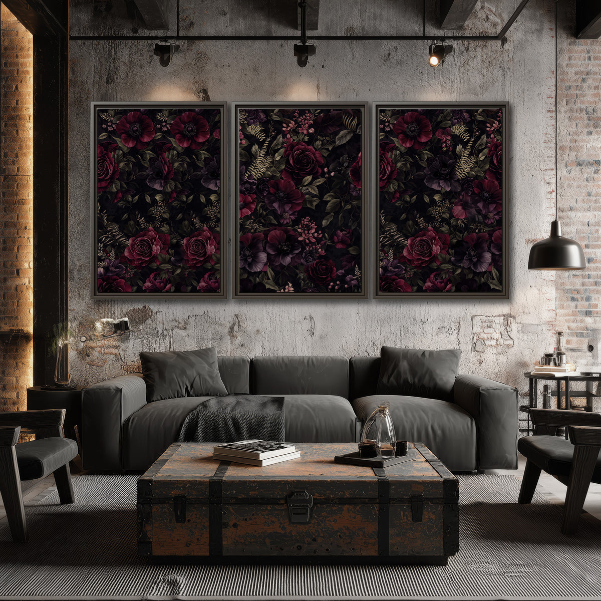 Deep burgundy roses and small pale flowers on a dark background 3 piece framed canvas wall art displayed in a industrial room