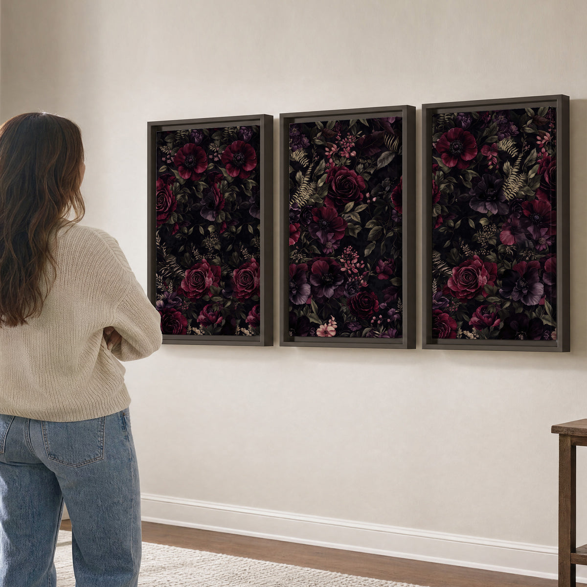 Deep burgundy roses and small pale flowers on a dark background 3 piece framed canvas wall art three panel arrangement on a wall