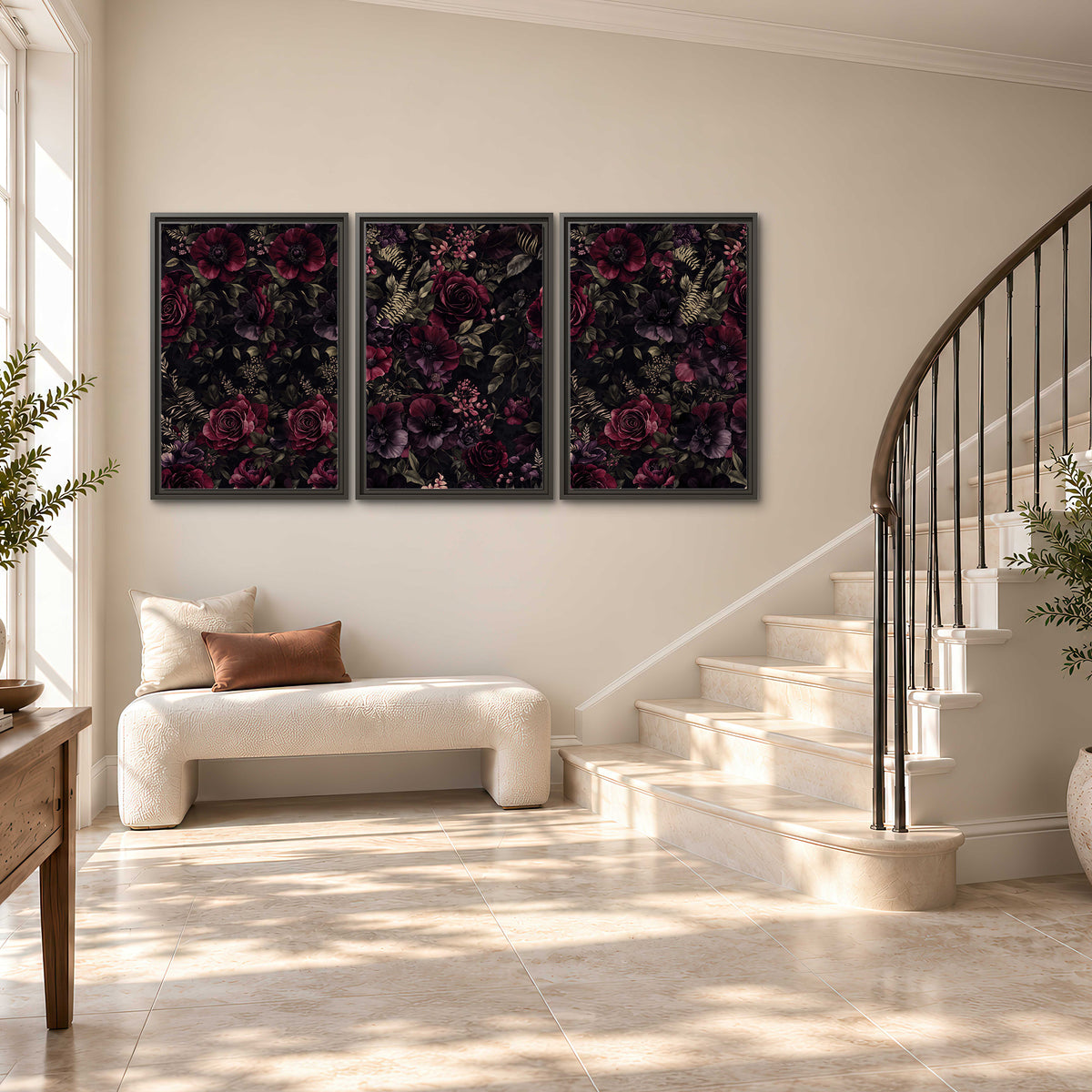 Deep burgundy roses and small pale flowers on a dark background 3 piece framed canvas wall art styled in an interior
