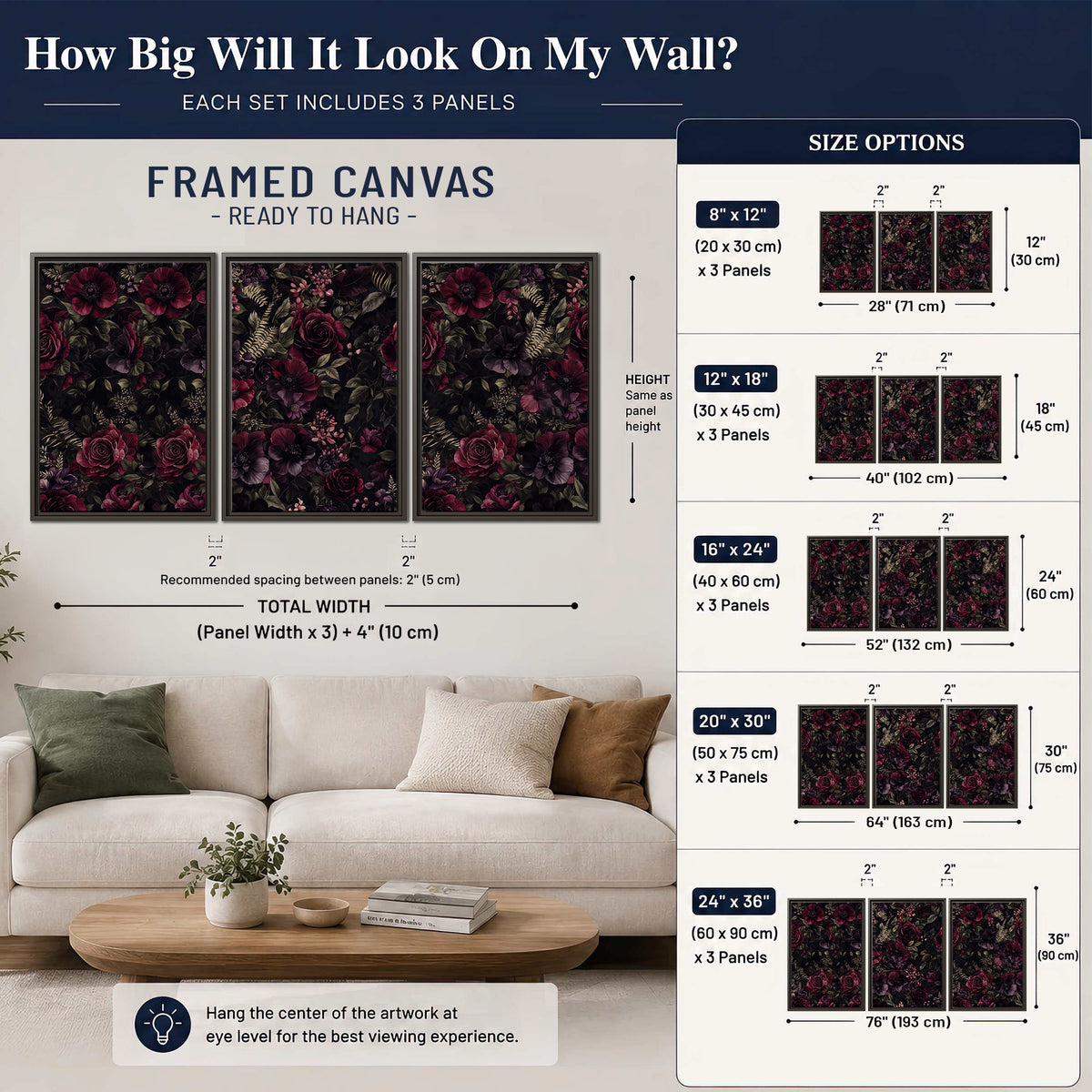Deep burgundy roses and small pale flowers on a dark background 3 piece framed canvas wall art size guide above a sofa; room view is illustrative