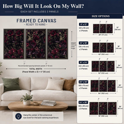 Deep burgundy roses and small pale flowers on a dark background 3 piece framed canvas wall art size guide above a sofa; room view is illustrative