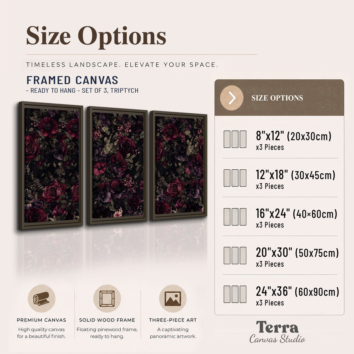 Deep burgundy roses and small pale flowers on a dark background 3 piece framed canvas wall art available dimensions; triptych dimensions are per panel