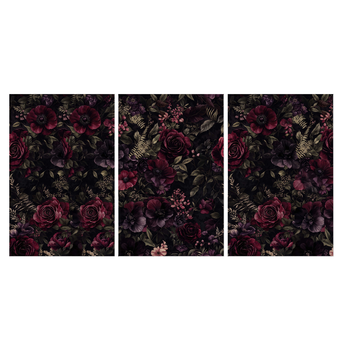 Deep burgundy roses and small pale flowers on a dark background set of 3 poster prints viewed straight on