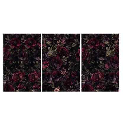 Deep burgundy roses and small pale flowers on a dark background set of 3 poster prints viewed straight on