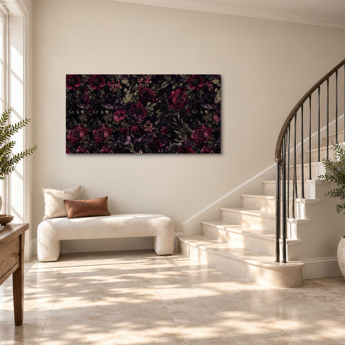 Deep burgundy roses and small pale flowers on a dark background single canvas wall art styled in an interior