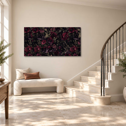 Deep burgundy roses and small pale flowers on a dark background single canvas wall art styled in an interior