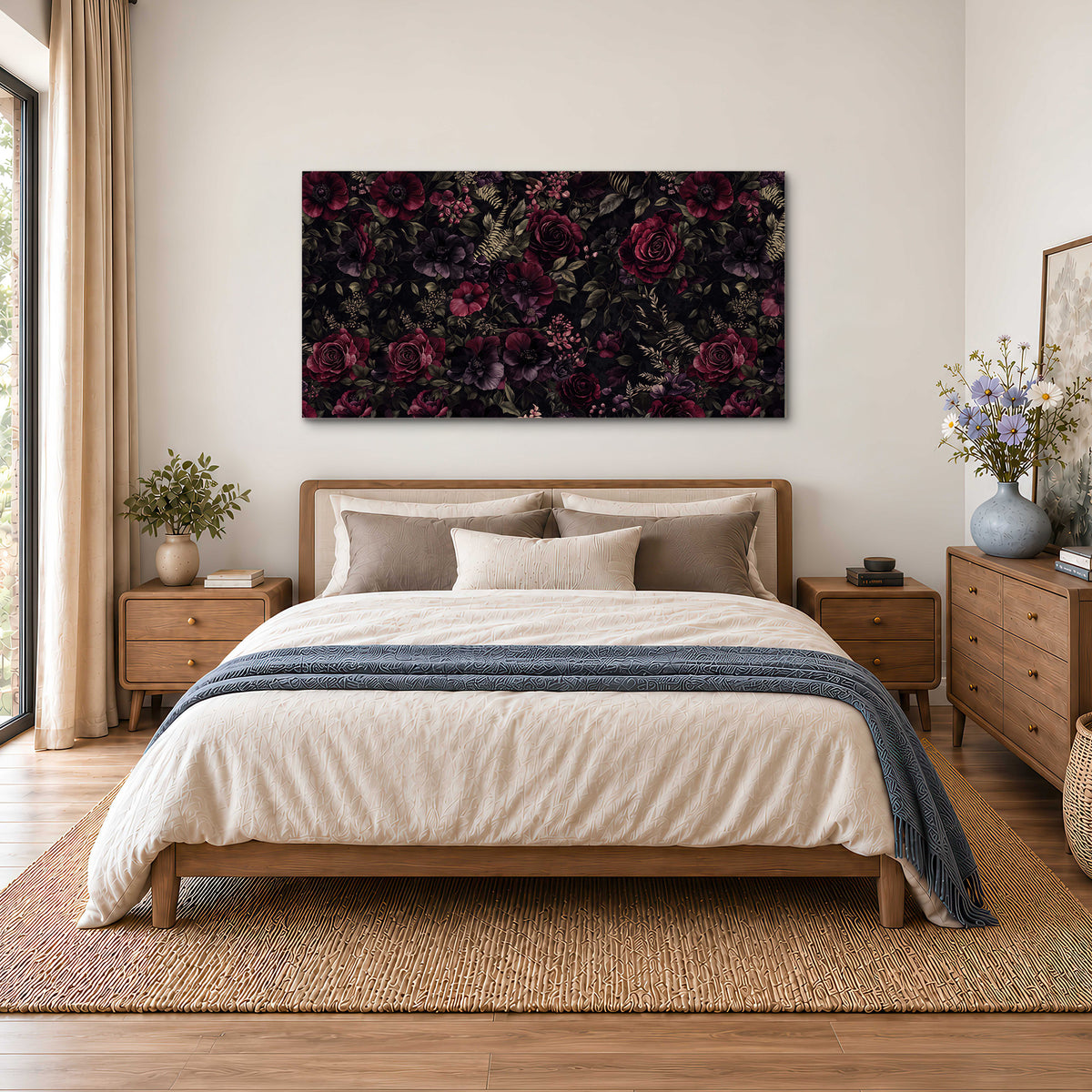 Deep burgundy roses and small pale flowers on a dark background single canvas wall art styled in an interior