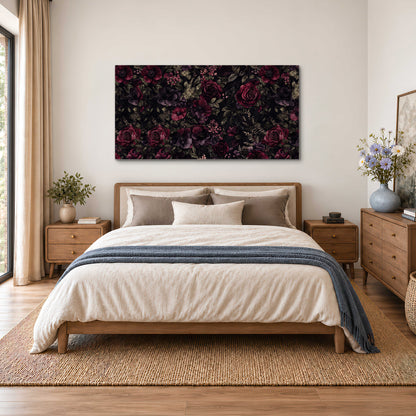 Deep burgundy roses and small pale flowers on a dark background single canvas wall art styled in an interior