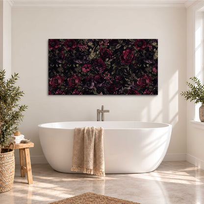 Deep burgundy roses and small pale flowers on a dark background single canvas wall art styled in an interior