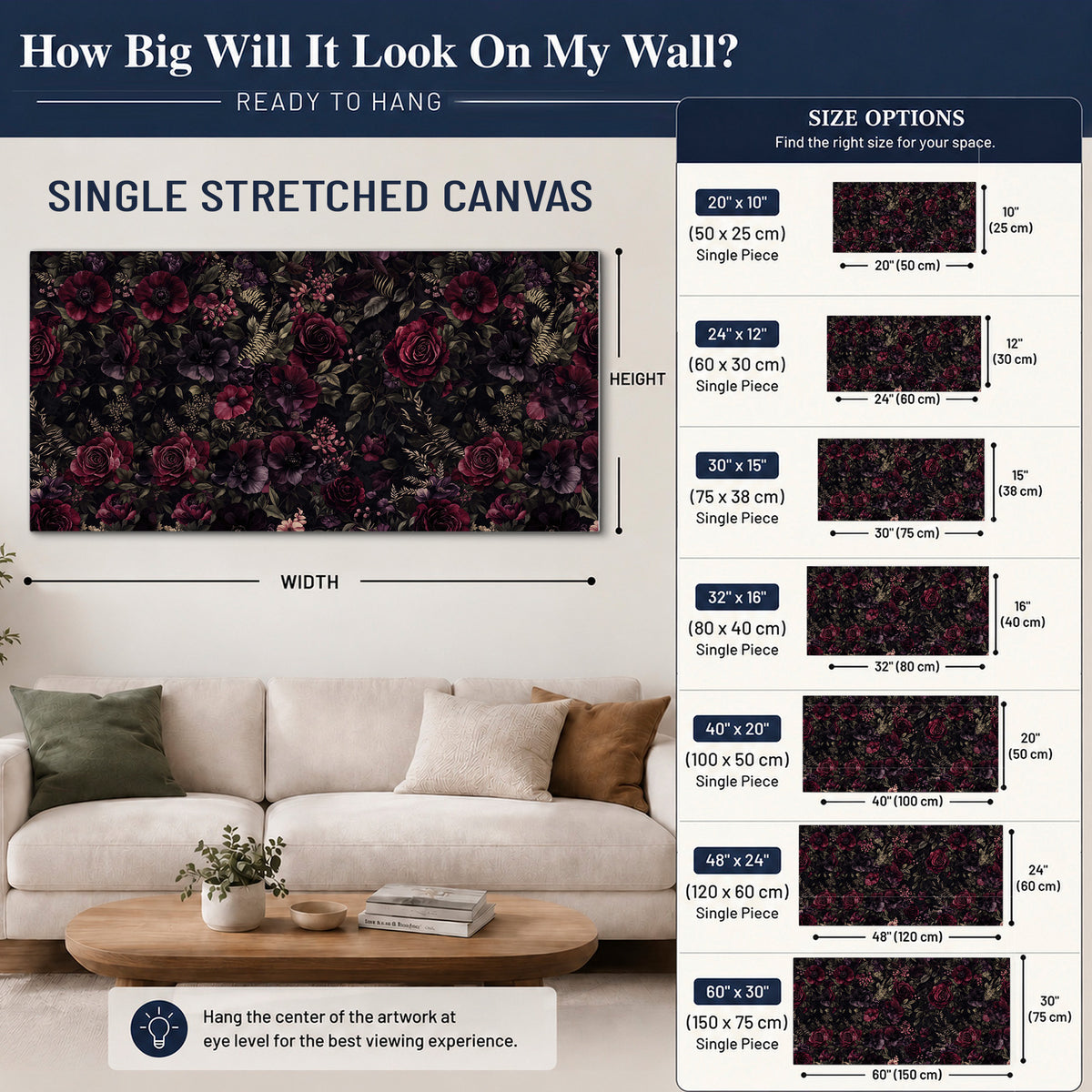 Deep burgundy roses and small pale flowers on a dark background single canvas wall art size guide above a sofa; room view is illustrative