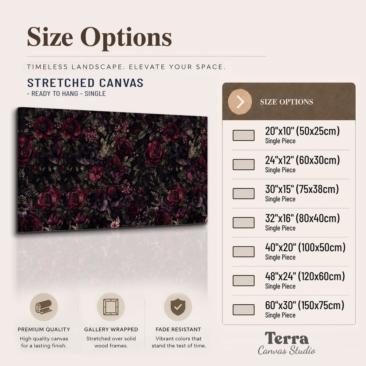Deep burgundy roses and small pale flowers on a dark background single canvas wall art available dimensions