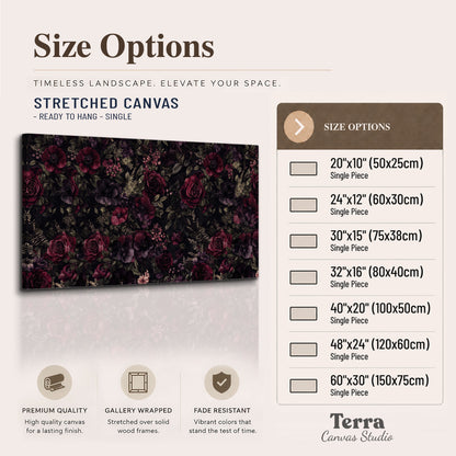 Deep burgundy roses and small pale flowers on a dark background single canvas wall art available dimensions