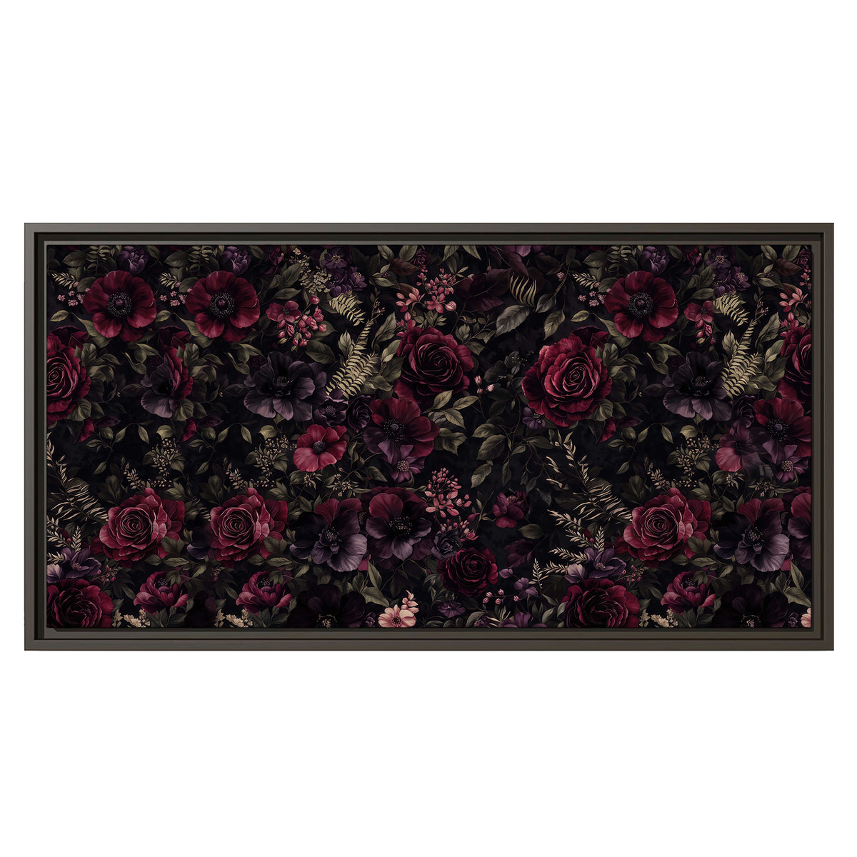 Deep burgundy roses and small pale flowers on a dark background single framed canvas wall art viewed straight on